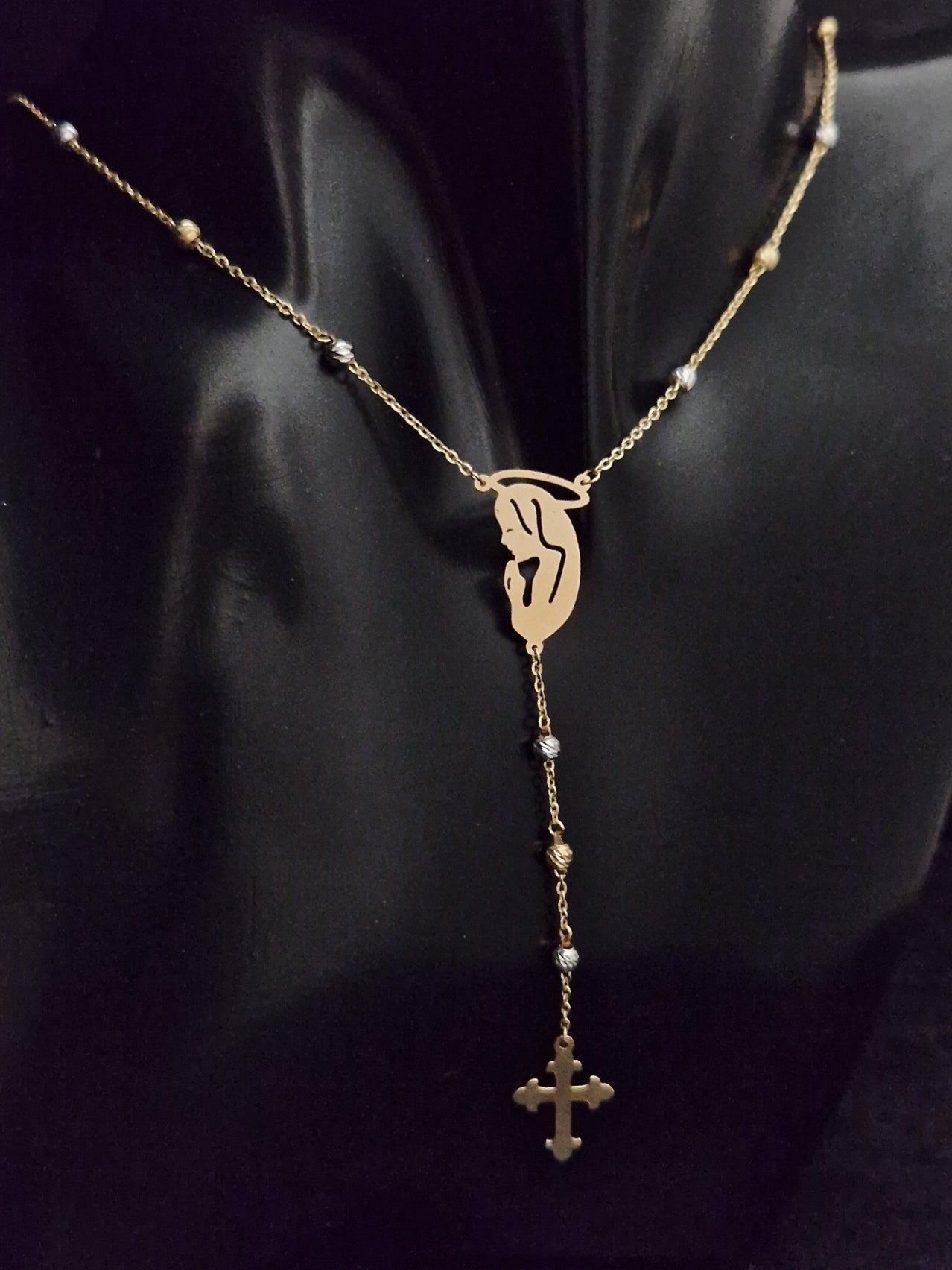 Rosary Beads Holy Virgin Mary And Cross in Gold 18k Two Tone Color