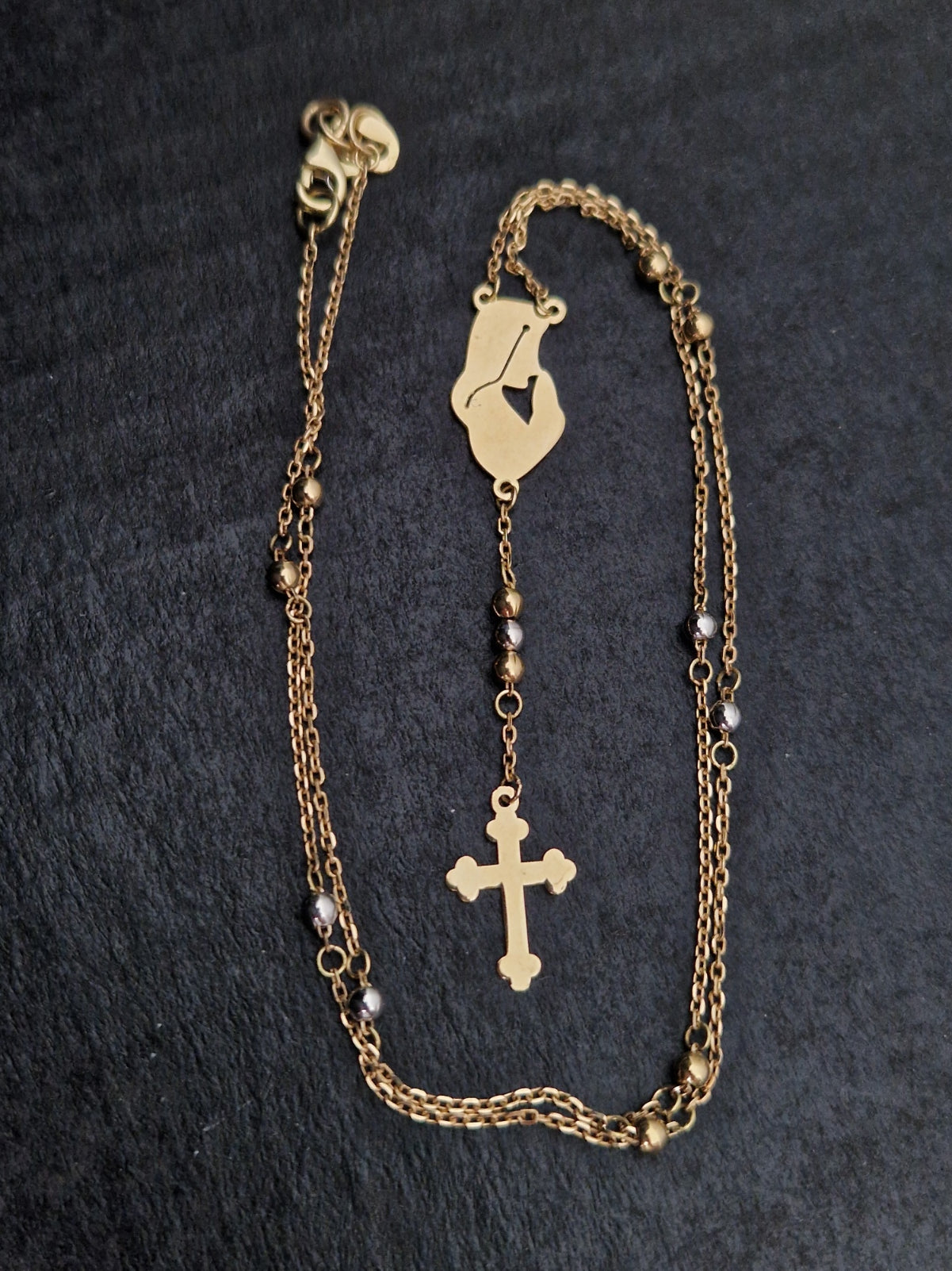 Rosary Beads Holy Virgin Mary And Cross in Gold 18k Two Tone Color