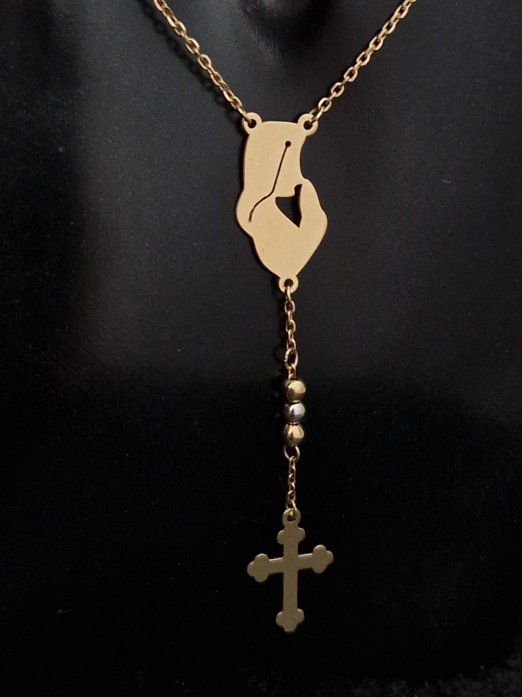 Rosary Beads Holy Virgin Mary And Cross in Gold 18k Two Tone Color