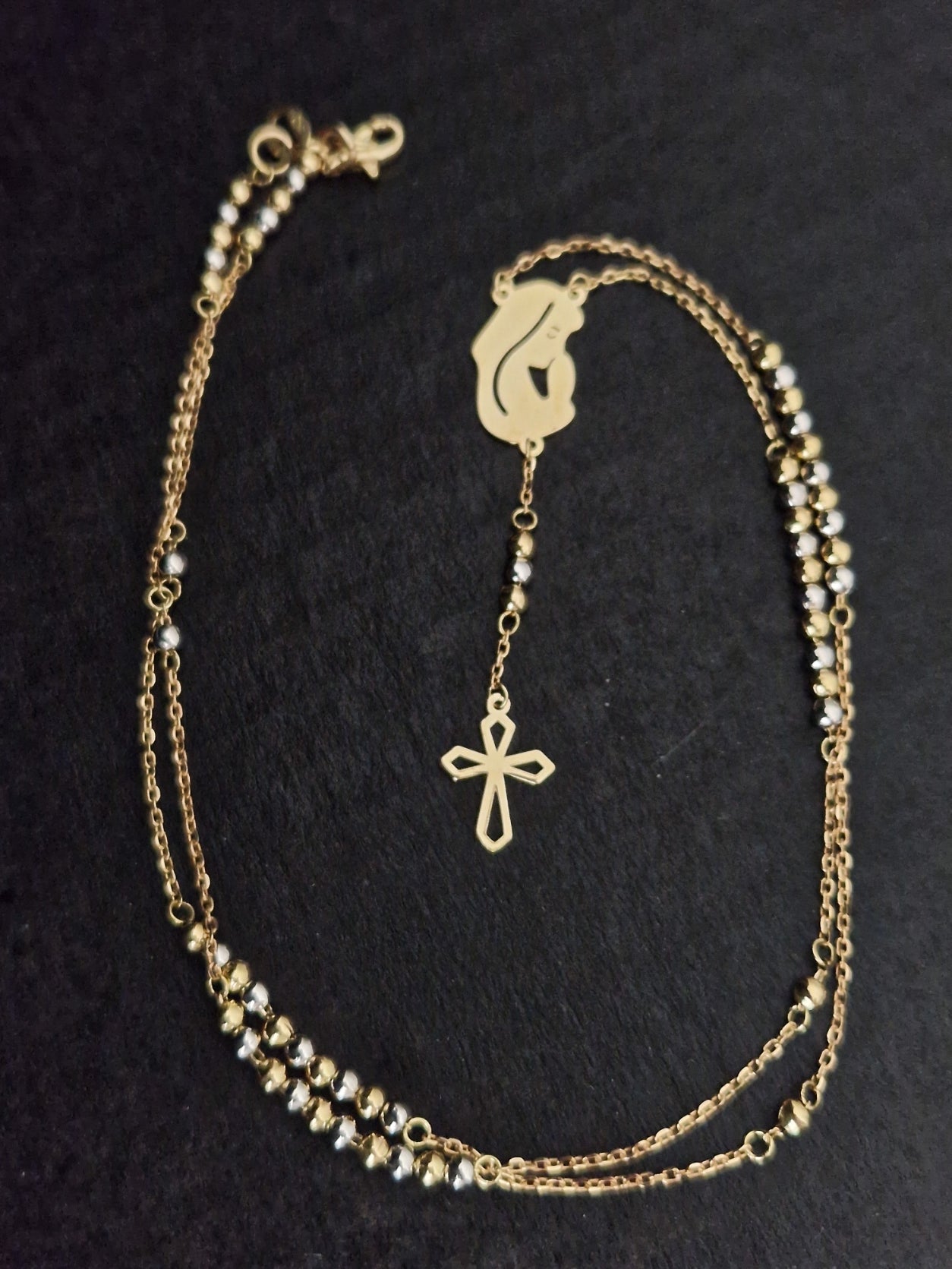 Rosary Beads Holy Virgin Mary And Cross in Gold 18k Two Tone Color