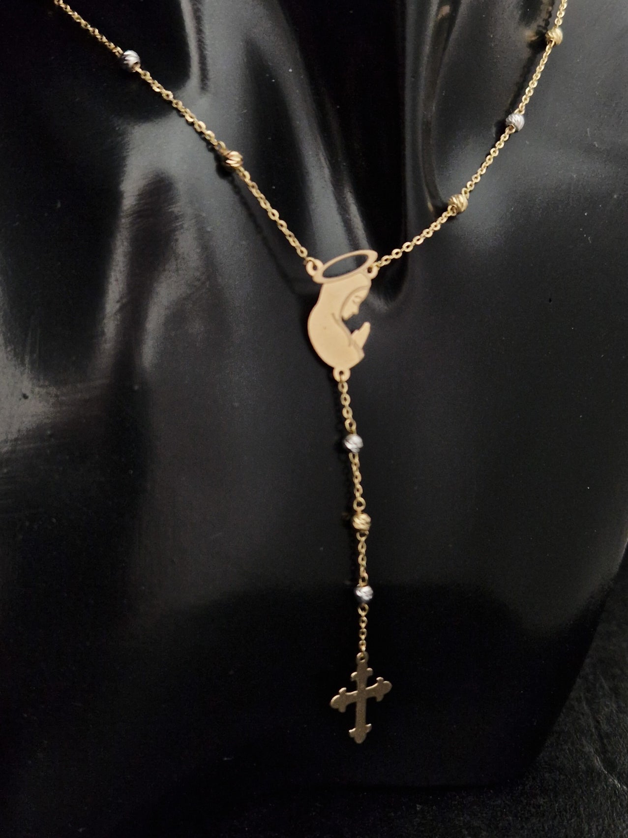 Rosary Beads Holy Virgin Mary And Cross in Gold 18k Two Tone Color