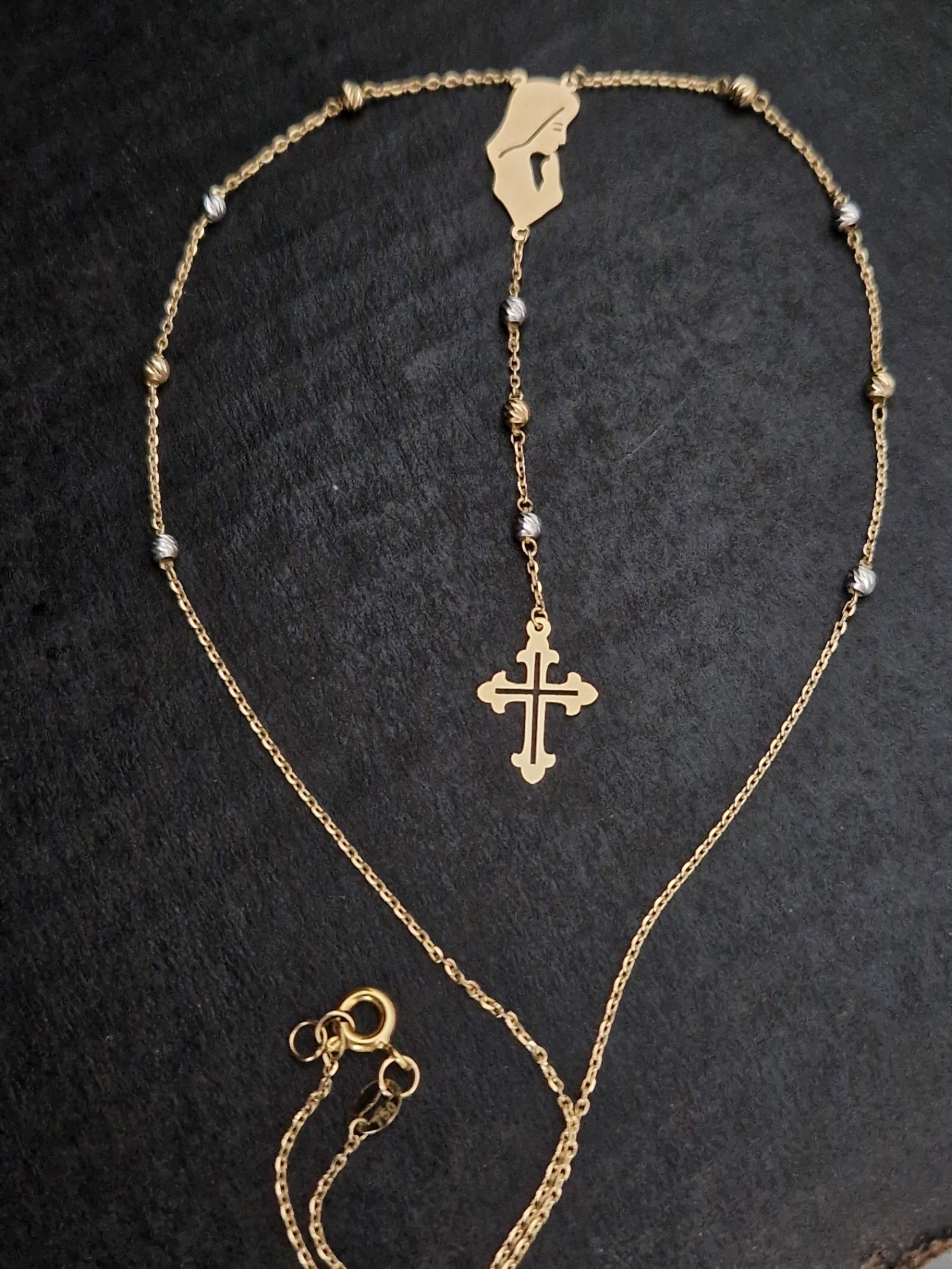 Rosary Beads Holy Virgin Mary And Cross in Gold 18k Two Tone Color