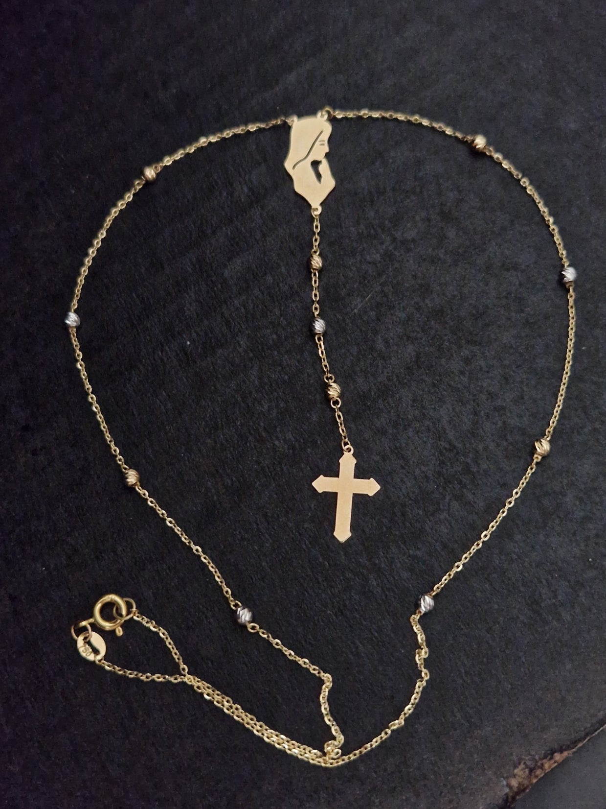 Rosary Beads Holy Virgin Mary And Cross in Gold 18k Two Tone Color