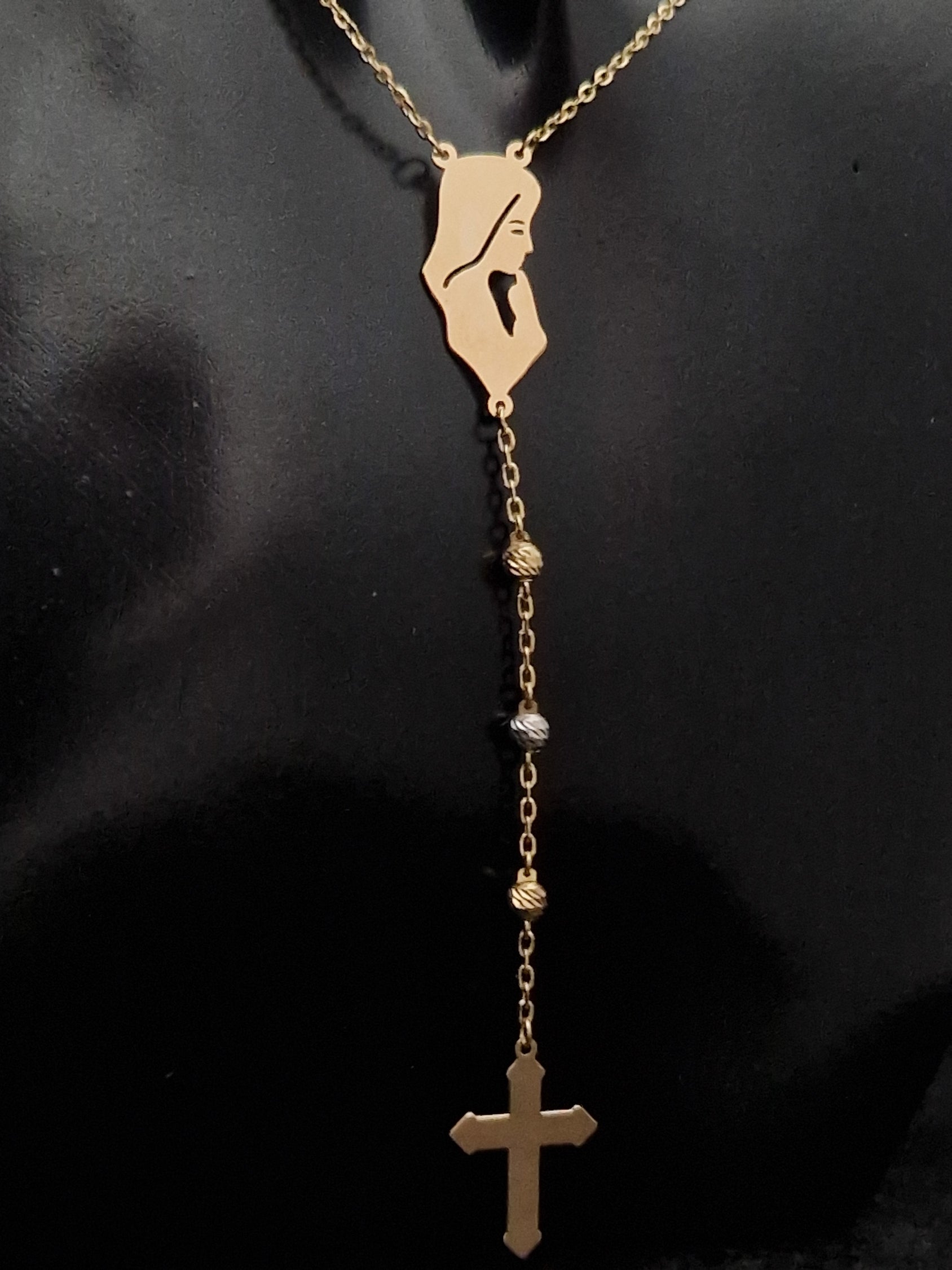 Rosary Beads Holy Virgin Mary And Cross in Gold 18k Two Tone Color