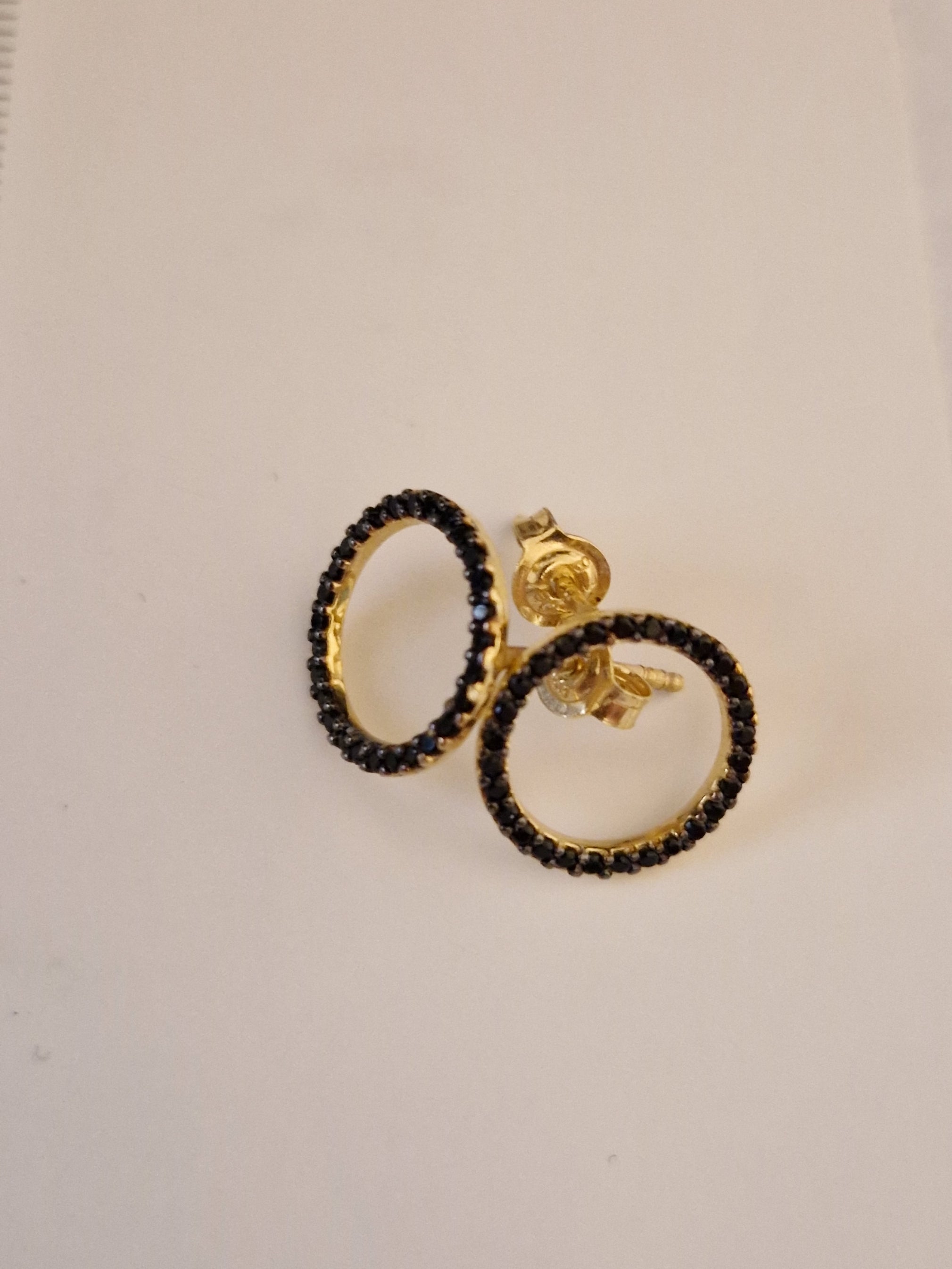 Earrings Round Black CZ Zircon Gold 18k