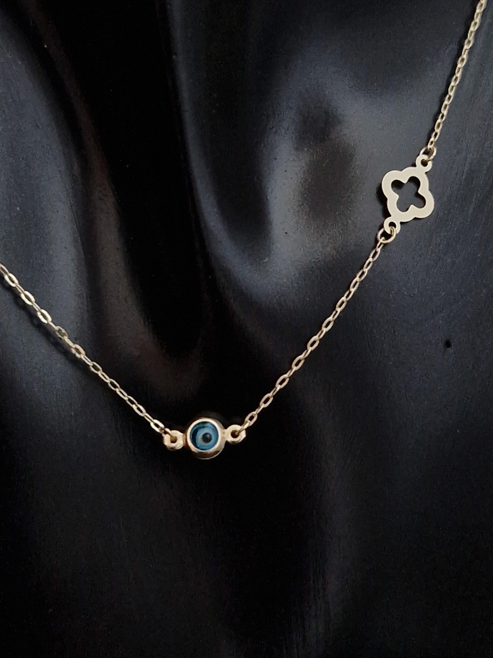 Necklace Blue Evil Eye and four leaf clover in Gold 18k