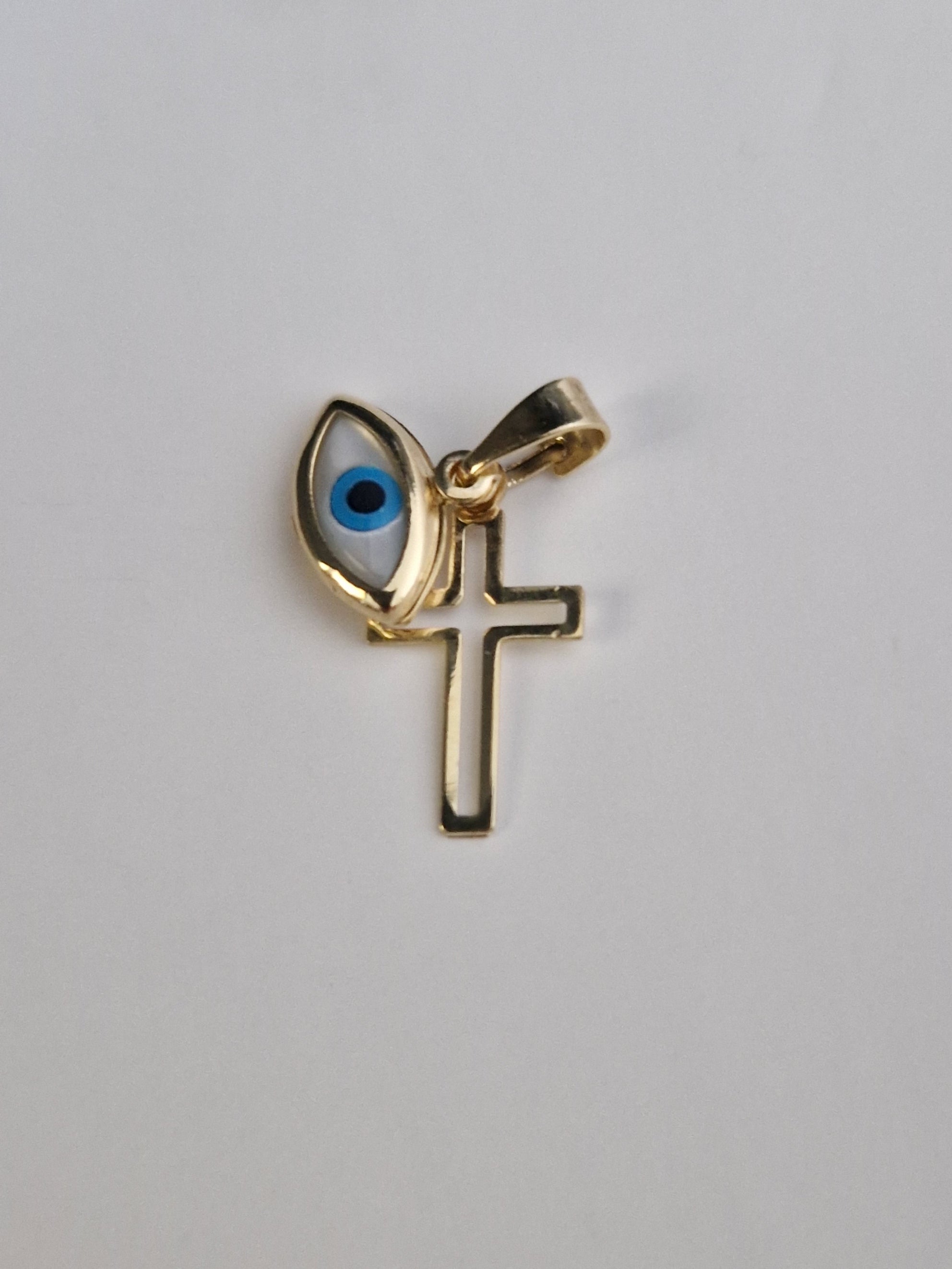 Religion Pendant Cross and Blue Evil Eye  in Gold 18k