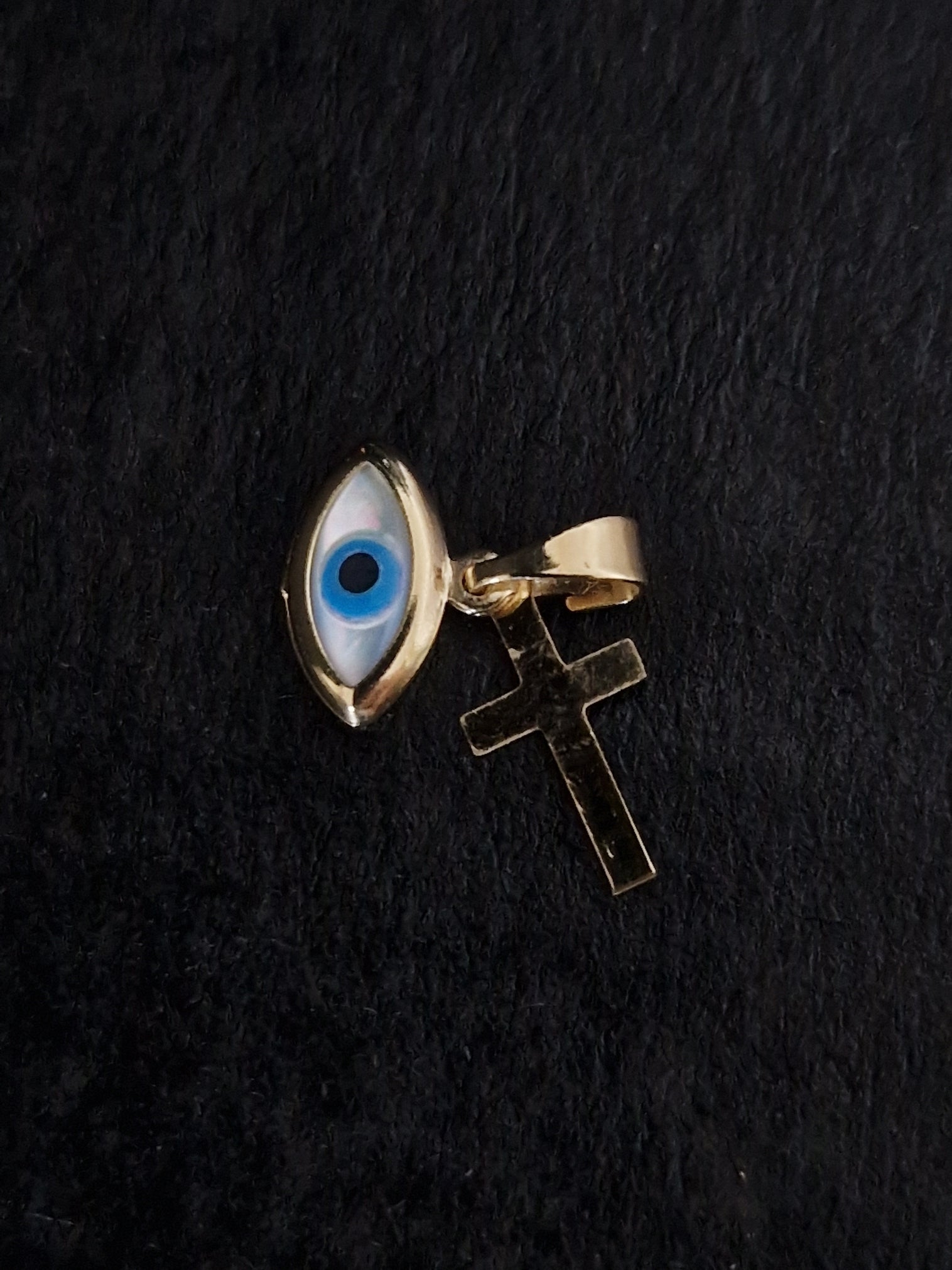 Religion Pendant Cross and Blue Evil Eye in Gold 18k