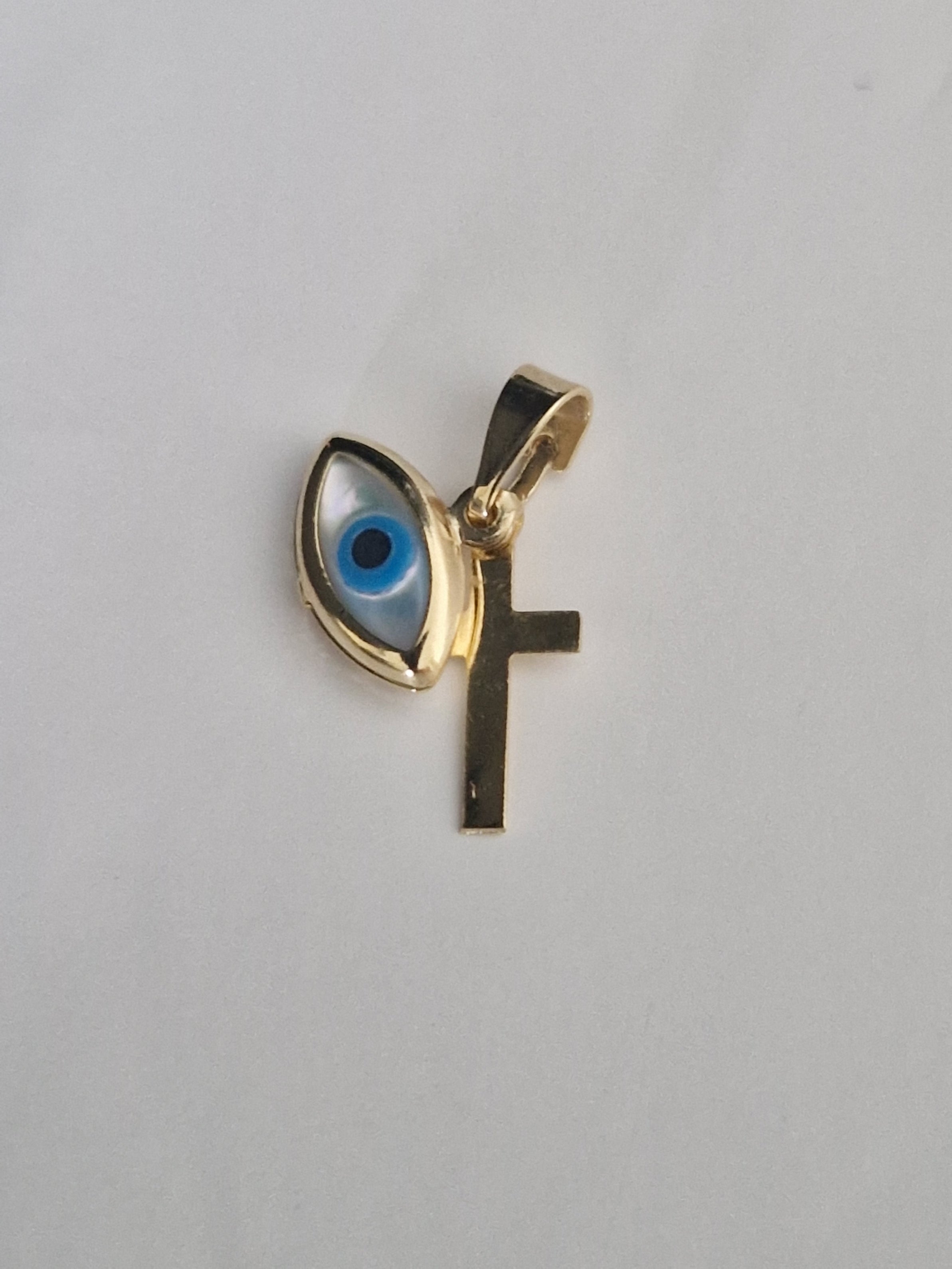 Religion Pendant Cross and Blue Evil Eye in Gold 18k