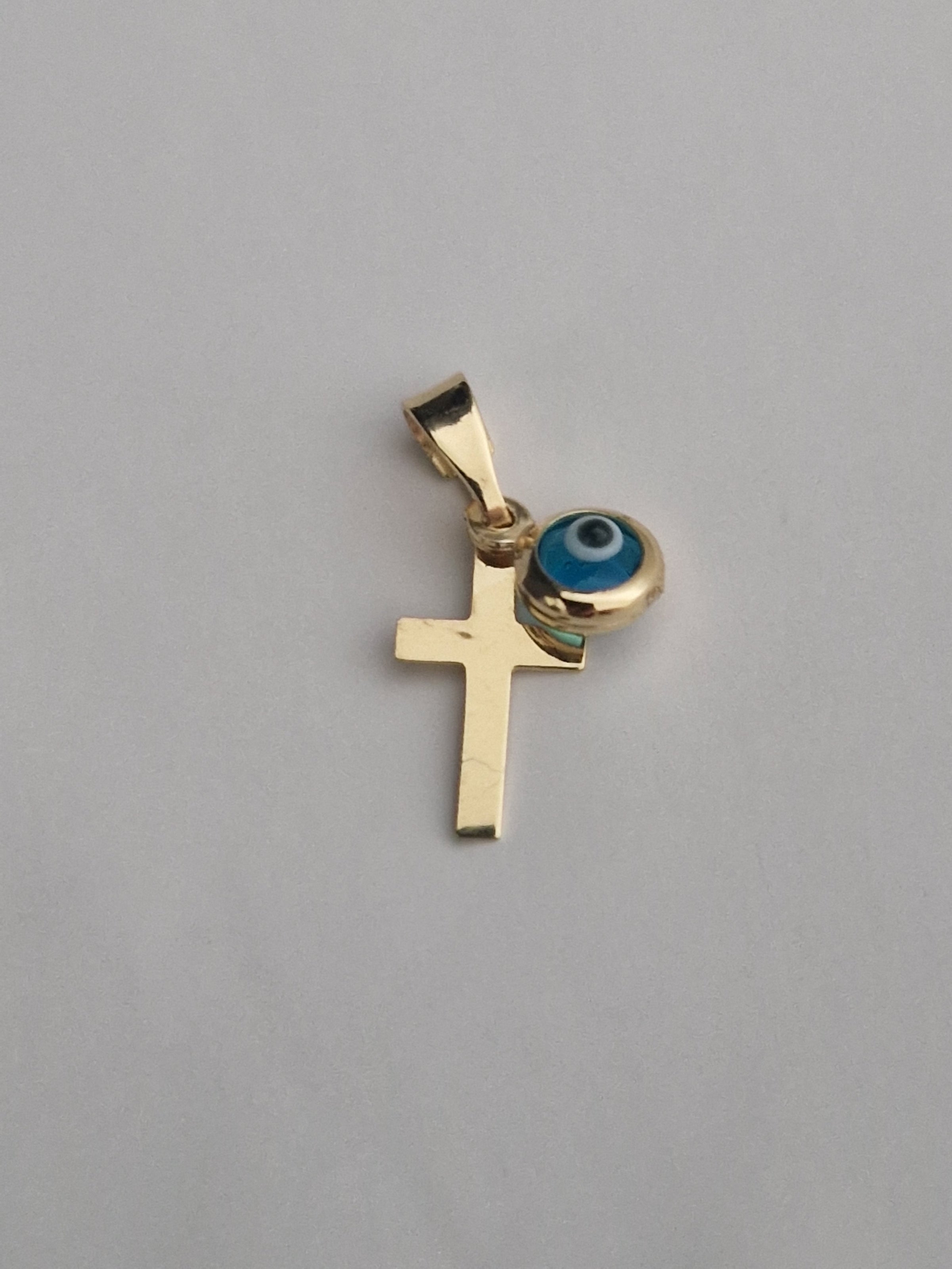 Religion Pendant Cross and Blue Evil Eye in Gold 18k