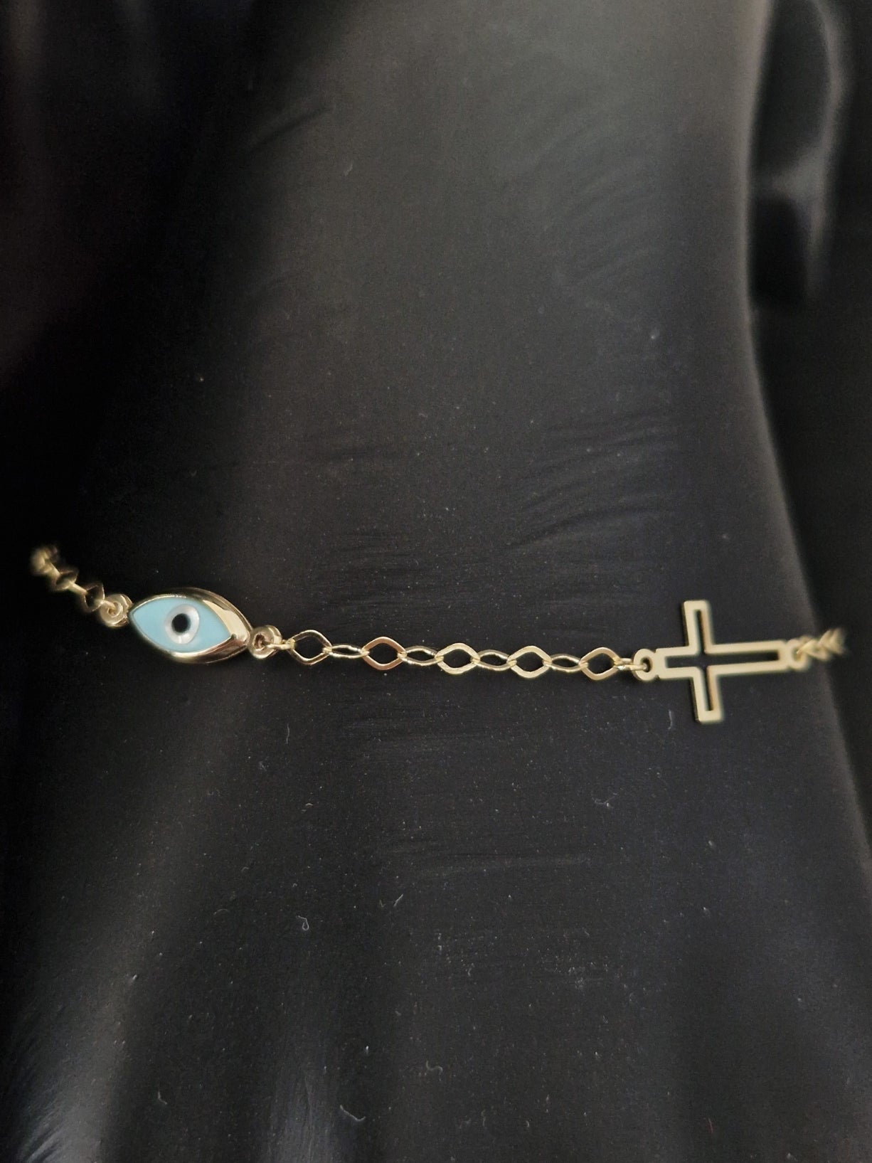 Bracelet Blue Evil Eye and Cross in Gold 18k