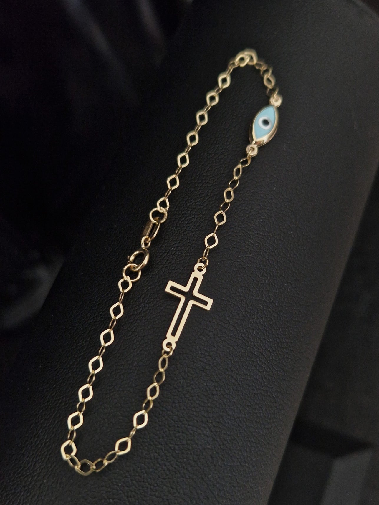 Bracelet Blue Evil Eye and Cross in Gold 18k