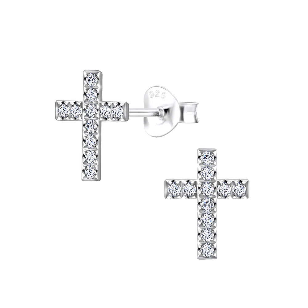 Silver Cross Cubic Zirconia Stud Earrings