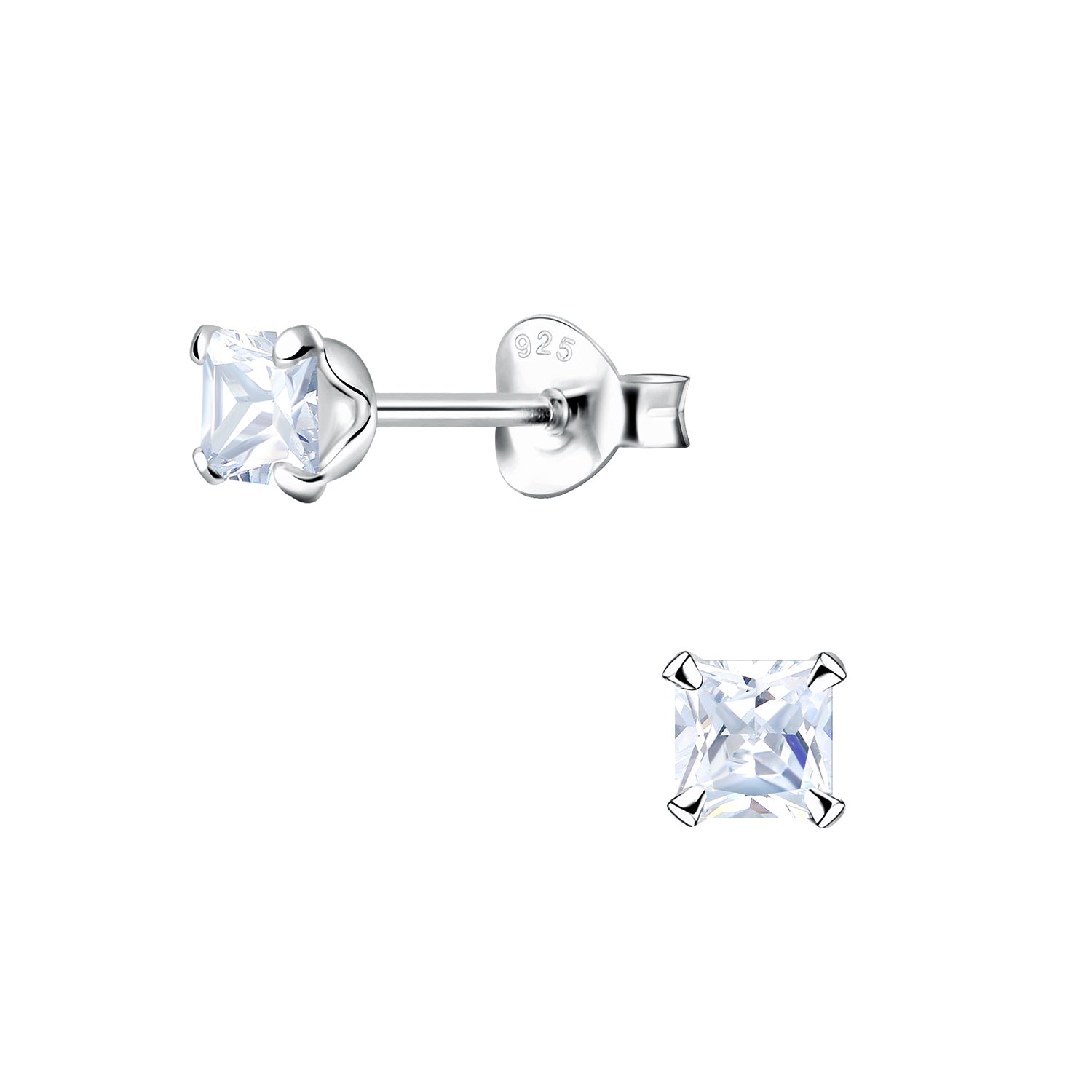 4mm Square Cubic Zirconia Silver Stud Earrings