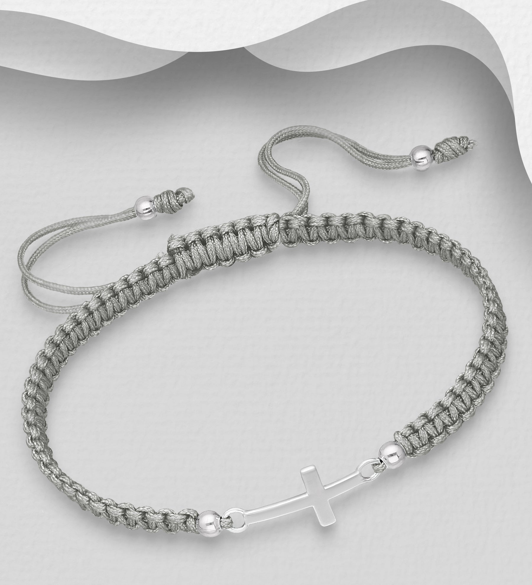 925 Sterling Silver Sideways Cross with Adjustable Thread Bracelet