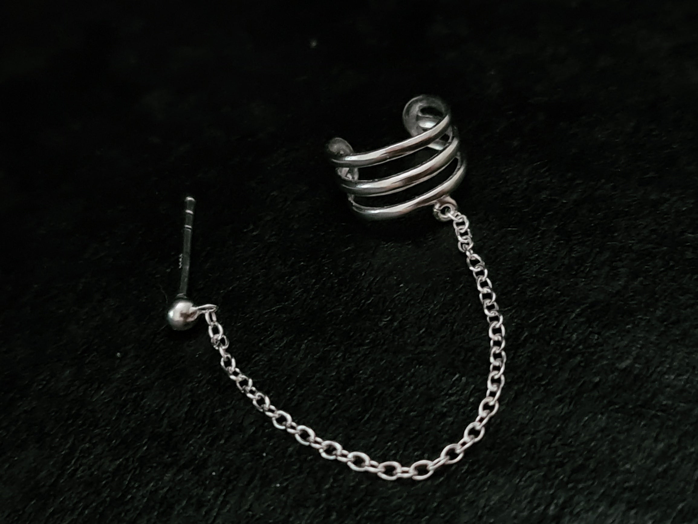 Silver Triple Line and Ball Stud Ear Cuff