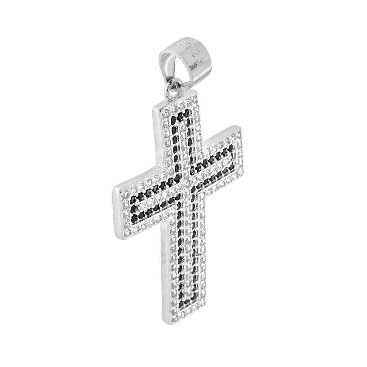 Cross Pendant with White and Black Zircons in 925 SILVER Rhodium Galvanic