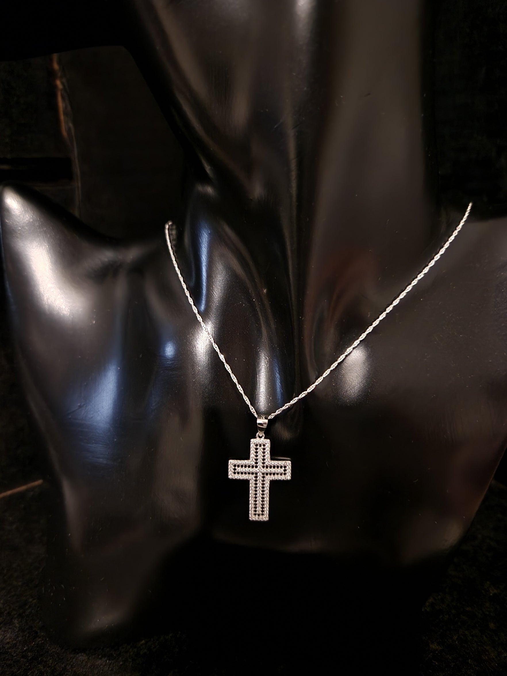 Cross Pendant with White and Black Zircons in 925 SILVER Rhodium Galvanic