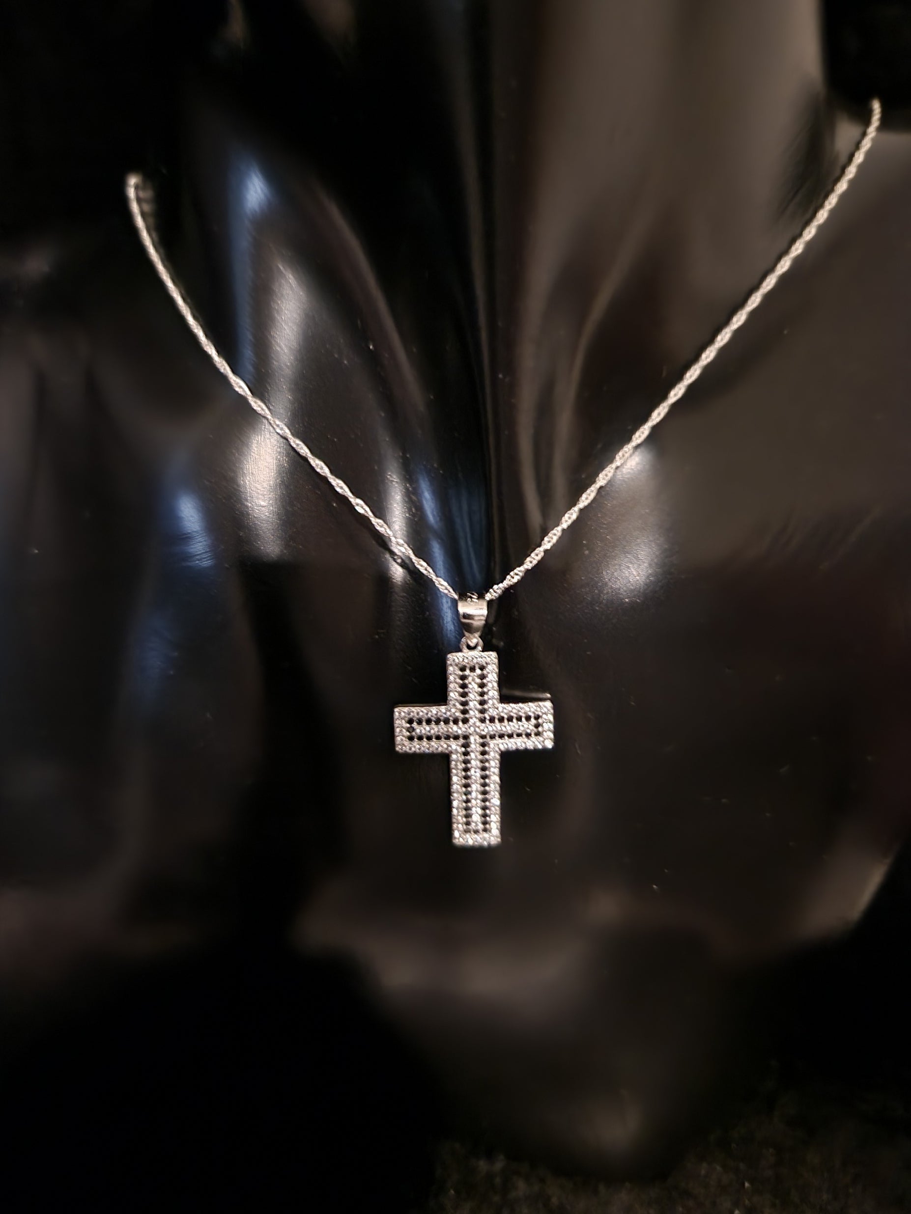 Cross Pendant with White and Black Zircons in 925 SILVER Rhodium Galvanic