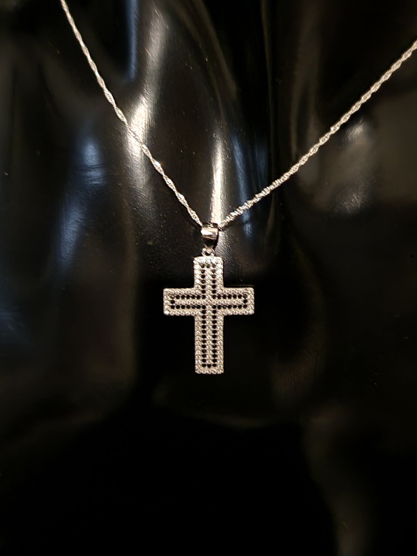 Cross Pendant with White and Black Zircons in 925 SILVER Rhodium Galvanic