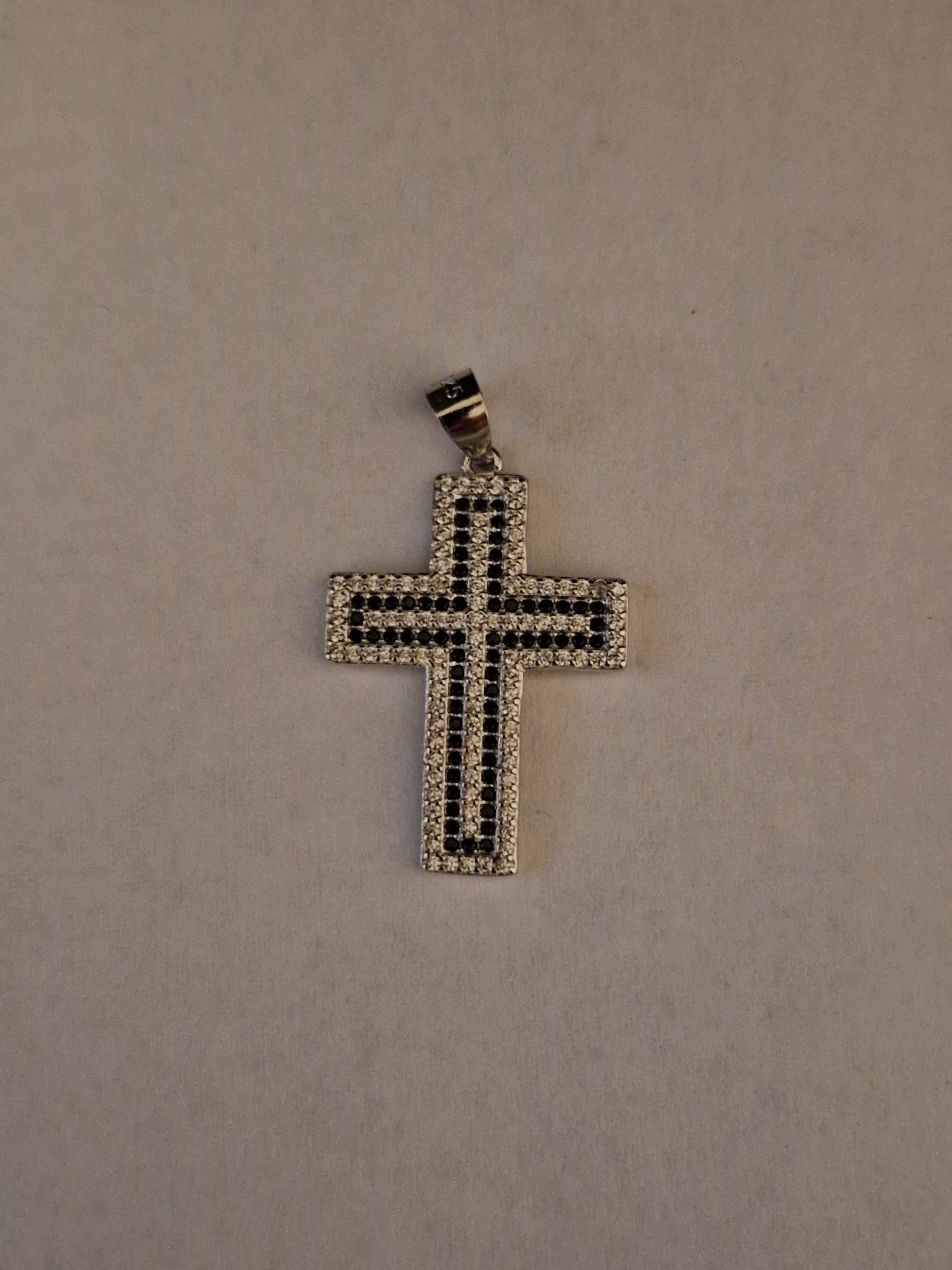 Cross Pendant with White and Black Zircons in 925 SILVER Rhodium Galvanic