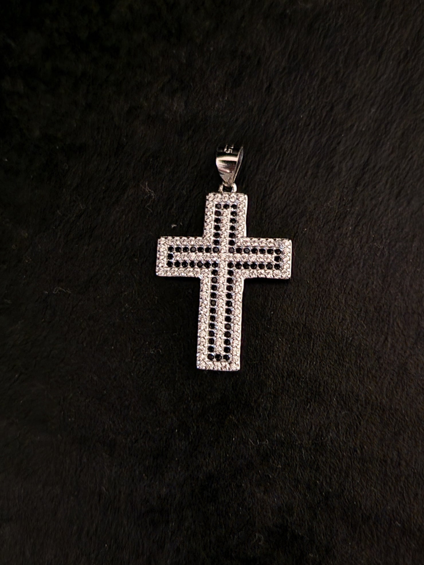 Cross Pendant with White and Black Zircons in 925 SILVER Rhodium Galvanic