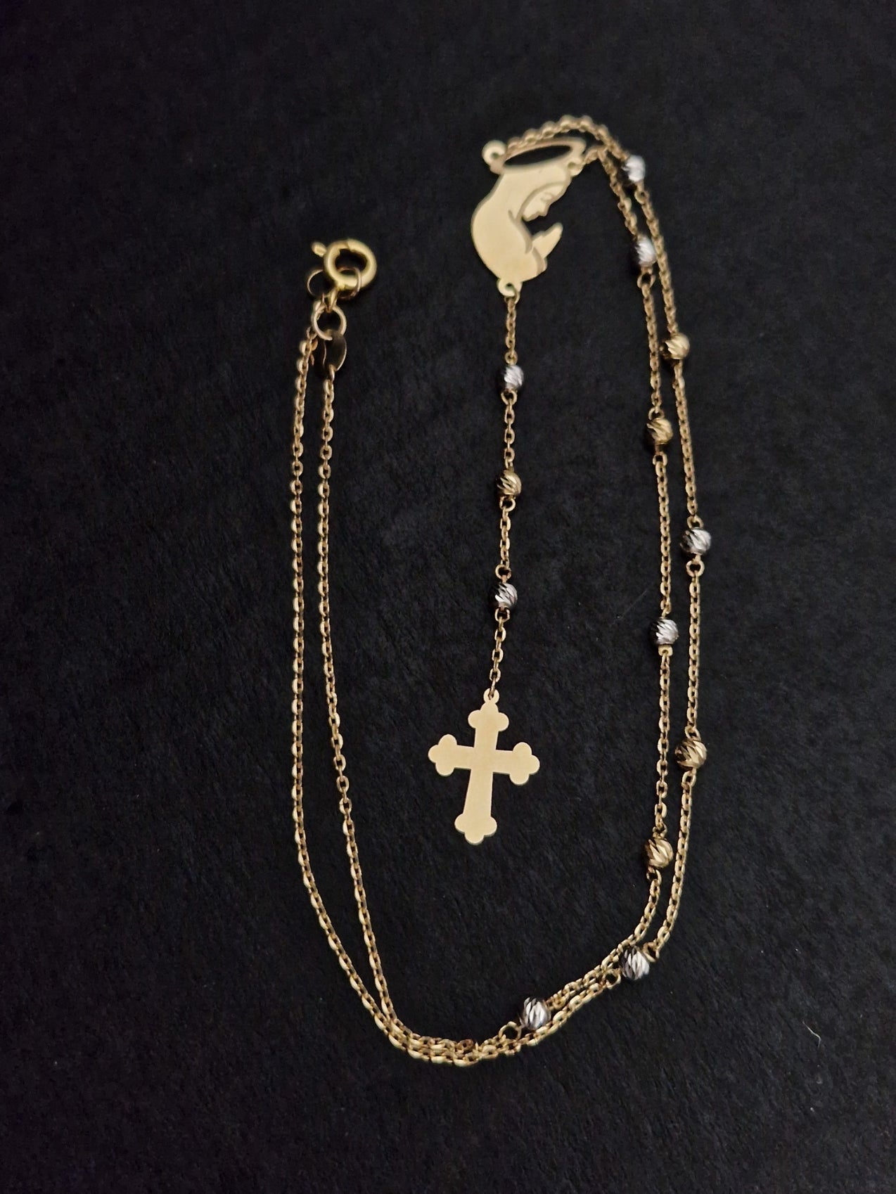 Rosary Beads Holy Virgin Mary And Cross in Gold 18k Two Tone Color