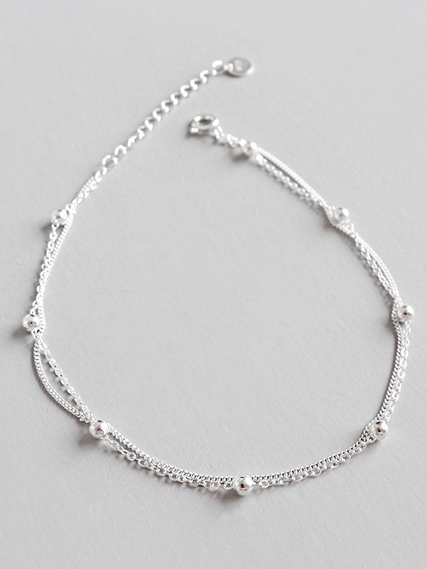 925 Sterling Silver With Silver Plated Personality Beads Double Chain Anklets