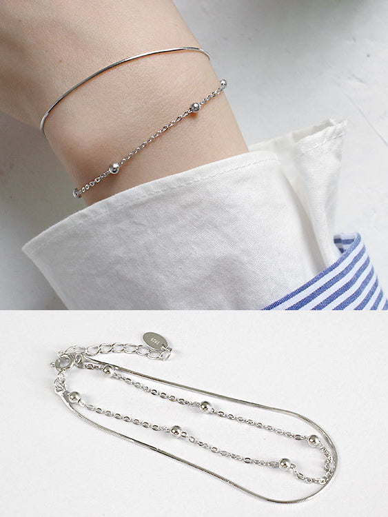 Sterling Silver Personality Minimalism Bead Snake Bone Chain Double Bracelet