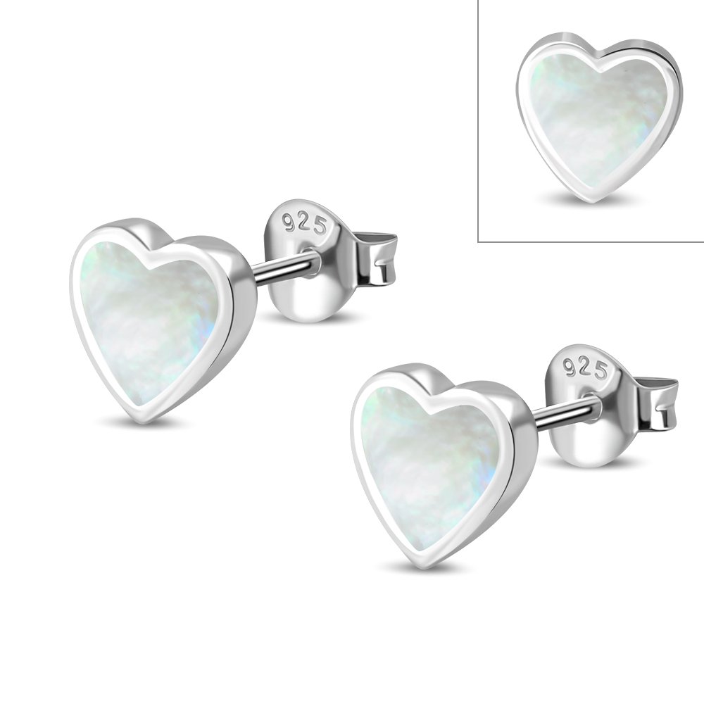 Mother of Pearl Heart Stud Silver Earrings