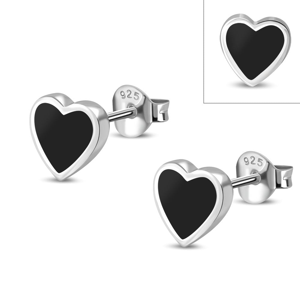 Black Onyx Heart Stud Silver Earrings