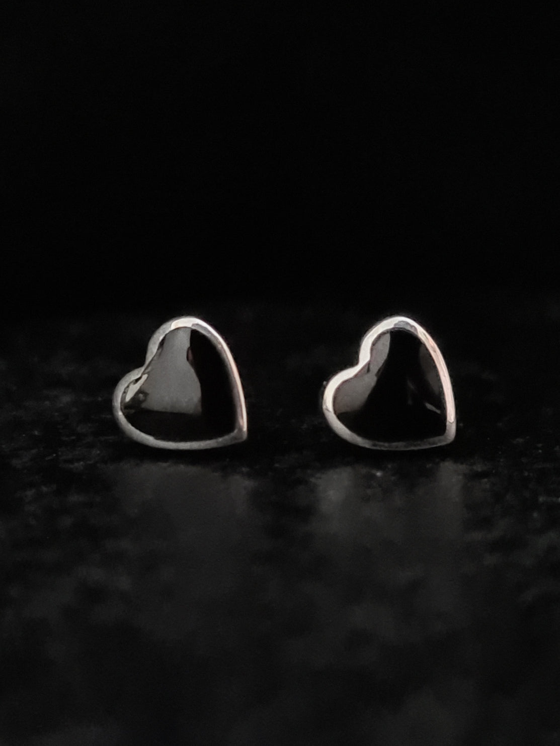 Black Onyx Heart Stud Silver Earrings