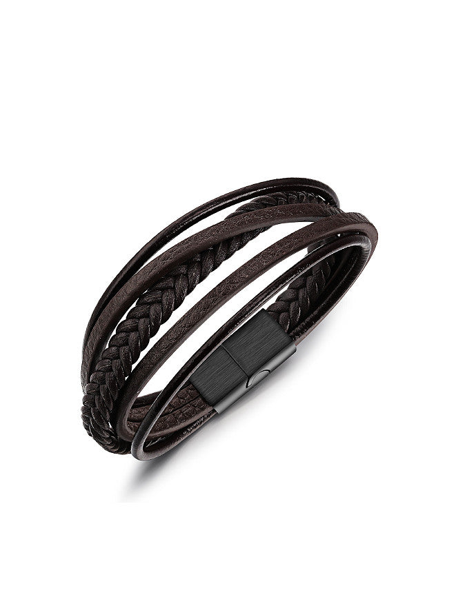 Simple Multi-Band Black Woven Pu Titanium Men Bracelet