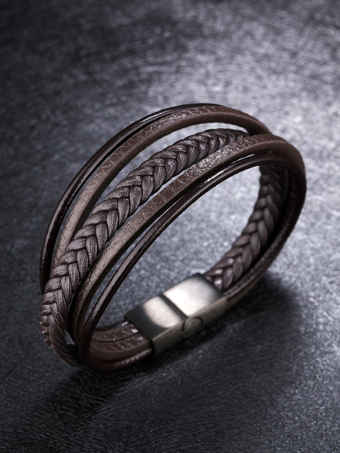 Simple Multi-Band Black Woven Pu Titanium Men Bracelet