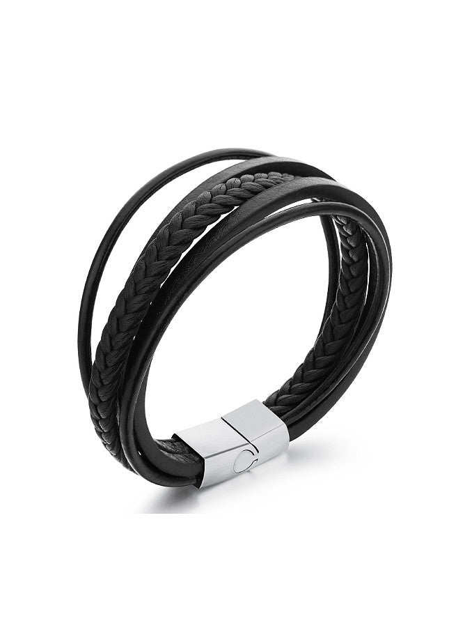 Simple Multi-Band Black Woven Pu Titanium Men Bracelet