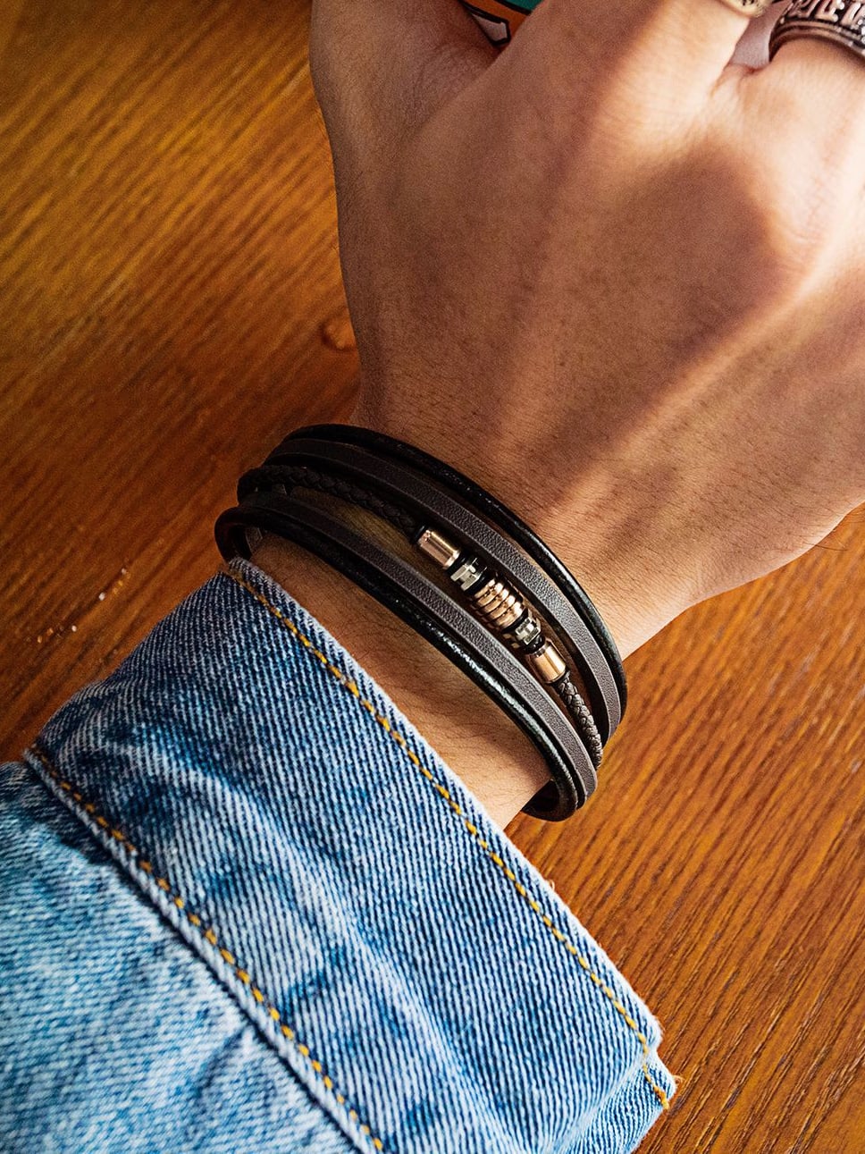 Titanium Leather Geometric Vintage Strand Bracelet