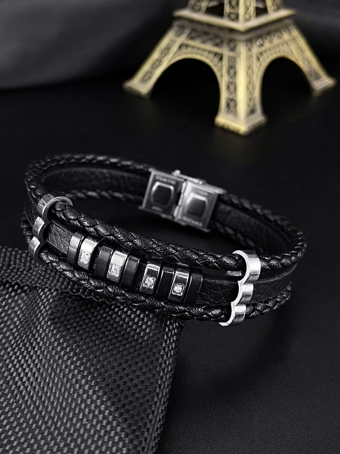 Titanium Steel Leather Geometric Hip Hop Strand Bracelet