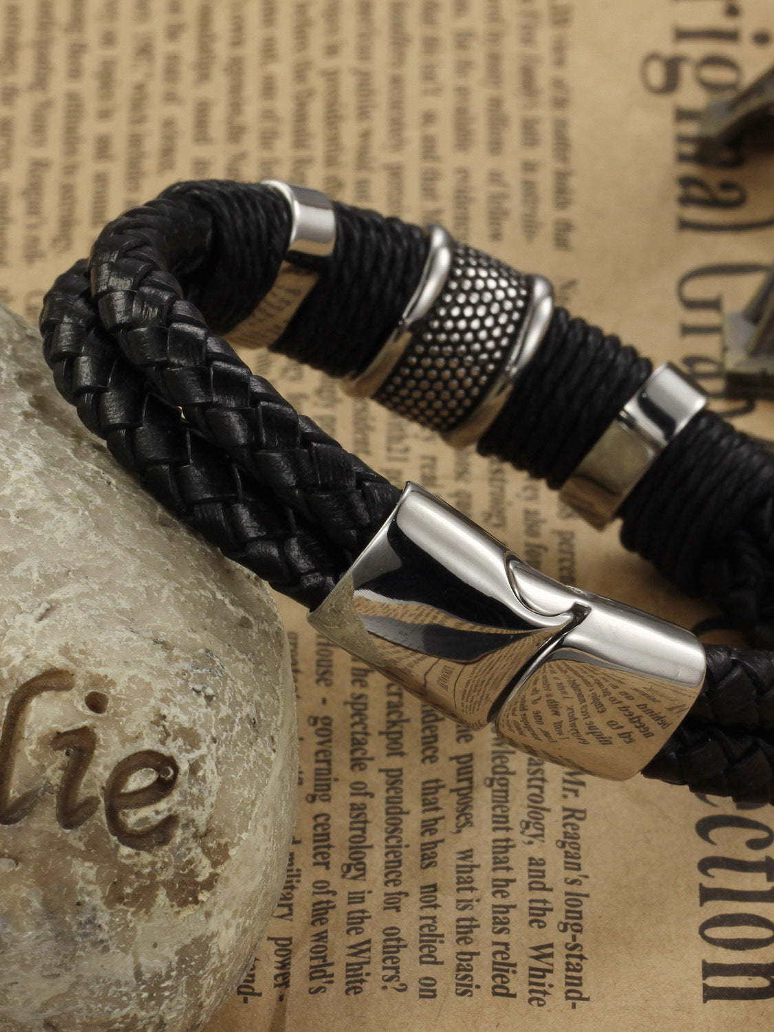 Titanium Woven Artificial Leather Men Bracelet