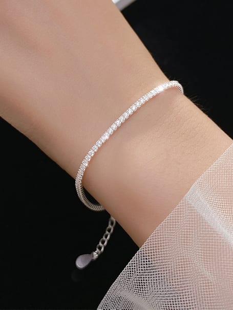 925 Sterling Silver Tennis Cubic Zirconia Geometric Dainty Bracelet 15cm + 4.5cm