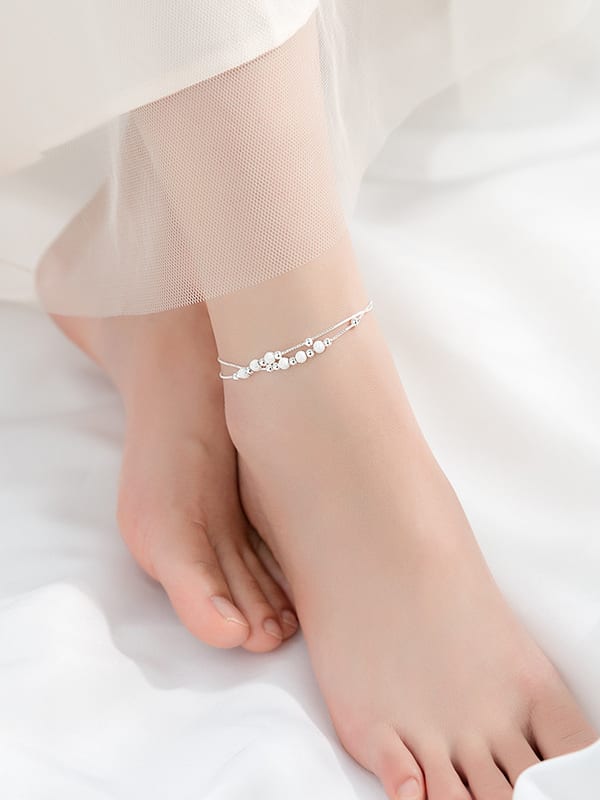 925 Sterling Silver Round Beads Double Anklet