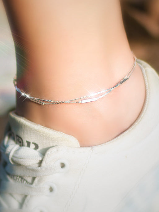 925 Sterling Silver With Platinum Plated Simplistic Double Layer Anklets