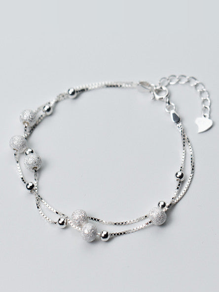 S925 Silver Matte Smooth Balls Fashion Double Chain Bracelet