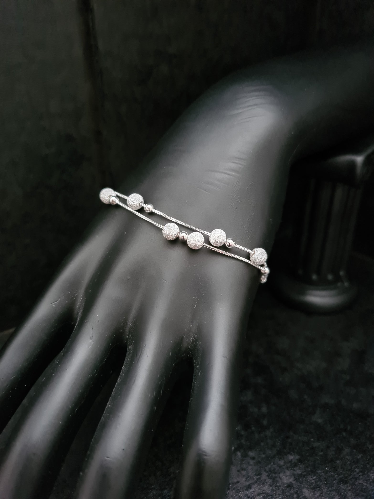 S925 Silver Matte Smooth Balls Fashion Double Chain Bracelet