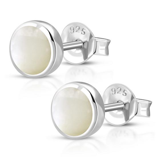 Mother of Pearl Round Silver Stud Earrings